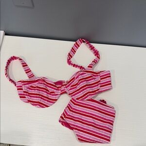 Solid and Striped Pink and Red Bikini Set